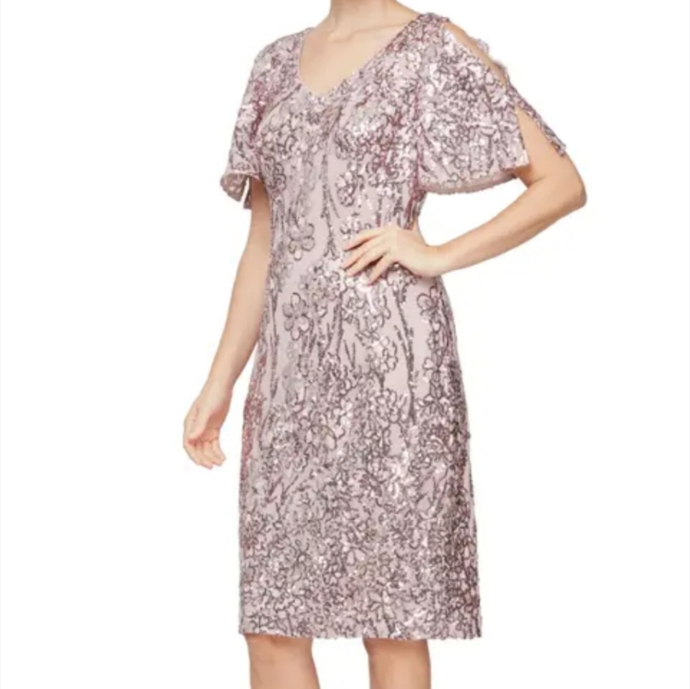 Size 6 muave ORCHID cold shoulder flutter sleeve sequin sheath cocktail Alex Eve